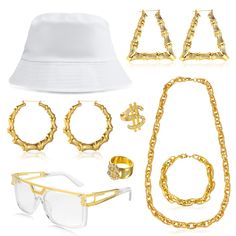 PRICES MAY VARY. 90S ACCESSORIES SET-- This hip hop costume outfit includes 1 pair of glasses, 1 pcs fake gold bracelet and chain necklace, 2 pairs of big hoop bamboo earrings, 1 pcs white bucket cap, 2 pcs dollar rings, funny rapper costume set for your 80s/ 90s dress up, so that you can stand out in the crowd and release the brilliance WHITE BUCKET CAP-- The bucket hat is made of fabric material, comfortable for you to wear even for a whole day, it is washable and foldable, easily packed insid Gold Metal Jewelry For Costume Party, Casual Gold Jewelry For Party, 90s Dress Up, Rapper Costume, 90s Accessories, Hip Hop Accessories, Hip Hop Costumes, Accessories Outfit, Gold Costume