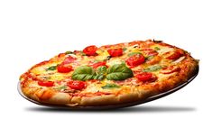 a pizza with tomatoes, cheese and basil on it's side is shown in front of a white background