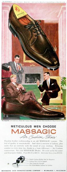 "Vintage 1963 Massagic shoes ad (not the actual shoes). Meticulous men choose Massagic Air Cushion Shoes.  Say that 5 times fast!  Three sharp dressed men hang out in a 60s men's club wearing the latest style in shoes:  the Esquire and the Astronaut. This fun vintage footwear ad is a perfect gift for a guy who loves his cigars and dressing well.  It's an easy way to add a retro 50s aesthetic to your closet decor.  Display on its own or with other great vintage prints for an affordable mid century inspired fashion wall. DETAILS: Published in April, 1963, this vintage Massagic Shoes print ad measures 5 x 12.5\".  It is beautifully illustrated with bright colors and great artwork - excellent condition.  You can hide print from the other side with dark paper as I did for the photos here.  READ 60s Men, Vintage Menswear, Shoes Ads, Men Closet, Closet Decor, Retro Advertising, Retro Ads, Shoes Vintage, Mens Club