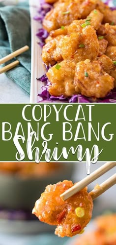 some food is being served on chopsticks with the words copycat bake bang shrimp