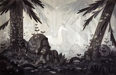 an illustration of a white horse in the woods with rocks and plants around it's edges