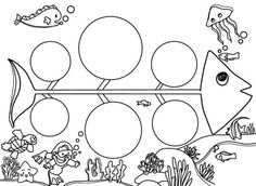 an ocean scene with fish and bubbles on the bottom, coloring pages for children to color