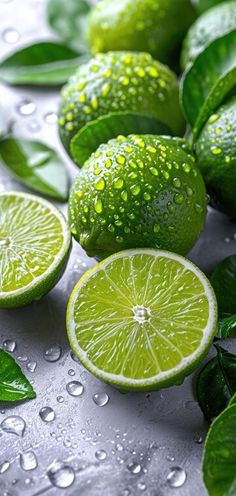 limes with leaves and water droplets on them