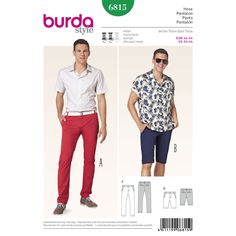 Slim-fit chinos or Bermuda shorts, also made of fabrics with sanded finish if desired, in either trendy bright and fresh colors or in classic beige or blue shades. All favorite companions for many occasions. Burda Style sewing pattern. Men's Chinos, Burda Sewing Patterns, Boys Pattern, Slim Fit Chinos, Clothes Sewing Patterns, Burda Style, Mens Chinos, Fashion Sewing Pattern