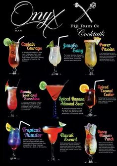 a poster with different types of cocktails on the front and back of it's glasses