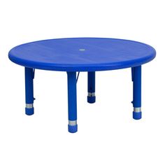 a blue plastic table with metal legs on a white background for use as a child's activity center