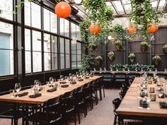 an indoor dining area with tables, chairs and hanging planters on the wall above them