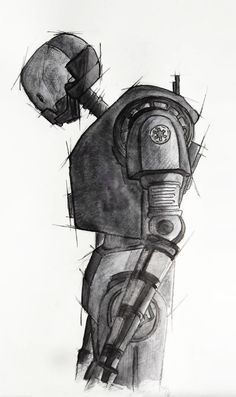 a black and white drawing of a robot holding something in his hand with one arm