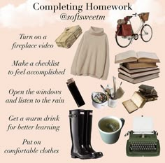 a collage of items that include an old typewriter, coffee cup, sweater and rain boots