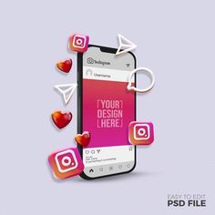 an image of a phone with hearts coming out of it and the text your design here