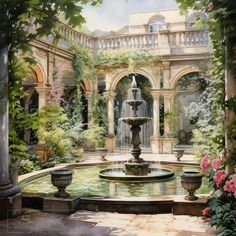 a painting of a fountain surrounded by flowers