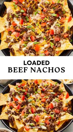 loaded beef nachos in a cast iron skillet with text overlay that reads loaded beef nachos