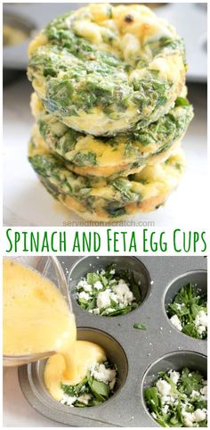 spinach and feta egg cups in muffin tins with cheese being drizzled over them