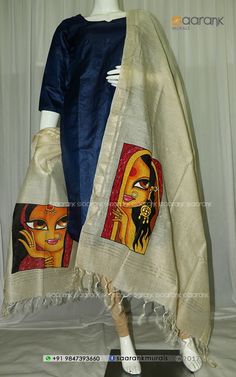 Mural Painting On Dress, Painting On Dress, Batik Kurti, Hand Painted Dupattas, Iranian Painting, Acrylic Paint On Fabric, Painted Dupatta, Hijab Shop, Fabric Paint Shirt