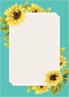 sunflowers with green leaves around the edges on a blue and white square frame