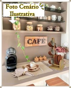 a coffee bar with various items on the shelves and flowers in vases next to it