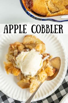 an apple cobbler with ice cream on top is shown in this collage for the recipe