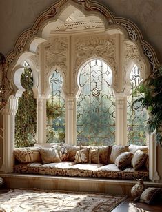 an ornate room with arched windows and pillows on the couch, in front of a large window