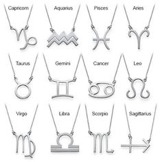 zodiac necklaces with the names and symbols on them, all in different shapes and sizes