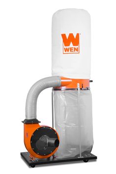 an orange and white vacuum is shown with its hose attached to the back of it