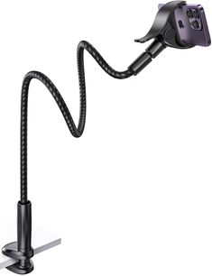 an image of a cell phone holder attached to a metal pole on a white background