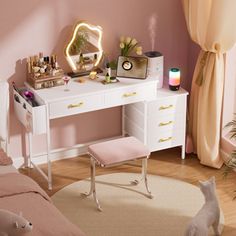 a white desk with a mirror, stool and vanity in a pink room next to a bed