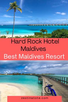 the beach with palm trees and blue water is featured in this postcard for hard rock hotel maldives resort