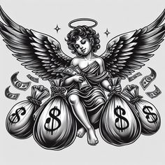 an angel sitting on top of three bags with money in it's hands and wings