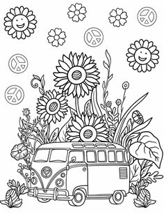 a van with flowers and sunflowers in the background