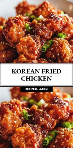 korean fried chicken with sesame seeds and green peppers