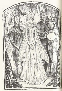 a drawing of a woman in a long dress surrounded by cats and other people standing around