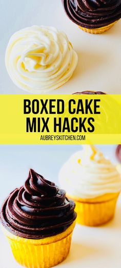 two cupcakes with chocolate frosting on top and the words boxed cake mix hacks above them