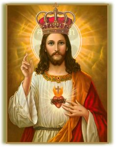 jesus holding a heart and wearing a crown with his hands in front of the viewer