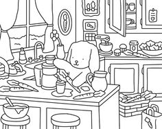 a black and white drawing of a kitchen with food on the counter top, pots and pans