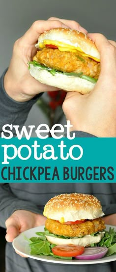 a person holding a plate with a sandwich on it and the words sweet potato chickpea burgers