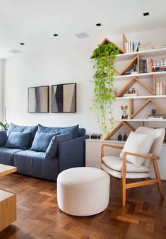 a living room filled with furniture and a plant hanging on the wall above it's head