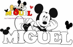 mickey mouse is sitting on the word miguel