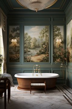 an old fashioned bathtub in front of paintings on the wall and ceiling, along with two lamps