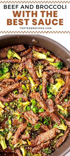 beef and broccoli with the best sauce in a skillet on top of a table