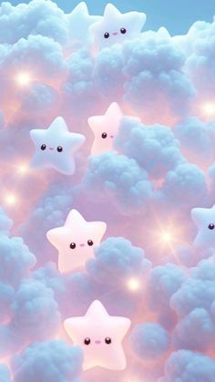 the stars are in the sky with clouds and lights around them, as if they were floating