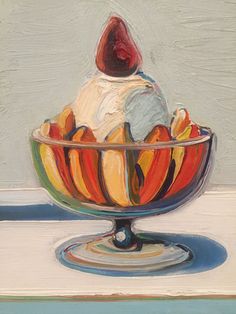 a painting of an ice cream sundae in a glass bowl on a white surface