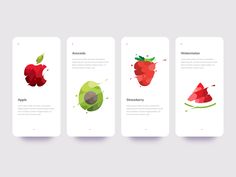 four different fruits and vegetables are shown on the phone screen, including an apple, strawberry, avocado, watermelon