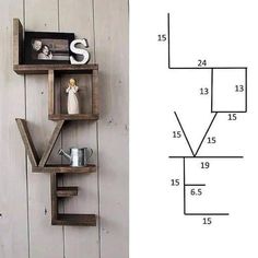 a wooden shelf with letters and numbers on it next to an image of the letter s