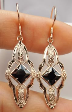 Natural Onyx Earrings/ Rose Gold plated Sterling Silver/ Black Onyx gems, Victorian Star Filigree [Custom Made] Design#E6 Leaf Filigree, Antique Filigree, Filigree Jewelry, Earrings Rose Gold, Filigree Earrings, Onyx Earrings, Jewelry Antique, Cz Earrings, Art Deco Art