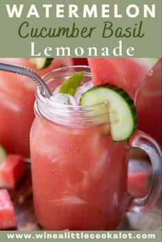 watermelon cucumber basil lemonade in a mason jar