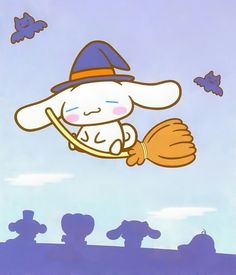 a cartoon character flying through the air with a hat and gloves on his head, holding a broom