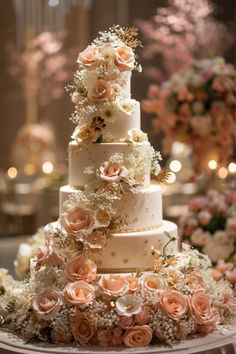 a three tiered wedding cake with pink and white flowers on the top, surrounded by candles