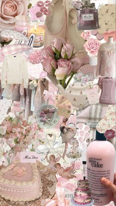 a collage of pink and white images with flowers, cake, cupcakes and other items