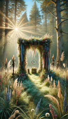 a painting of an archway in the middle of a forest filled with flowers and plants