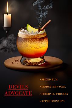 the devil's advocate cocktail is served in a glass with an apple slice